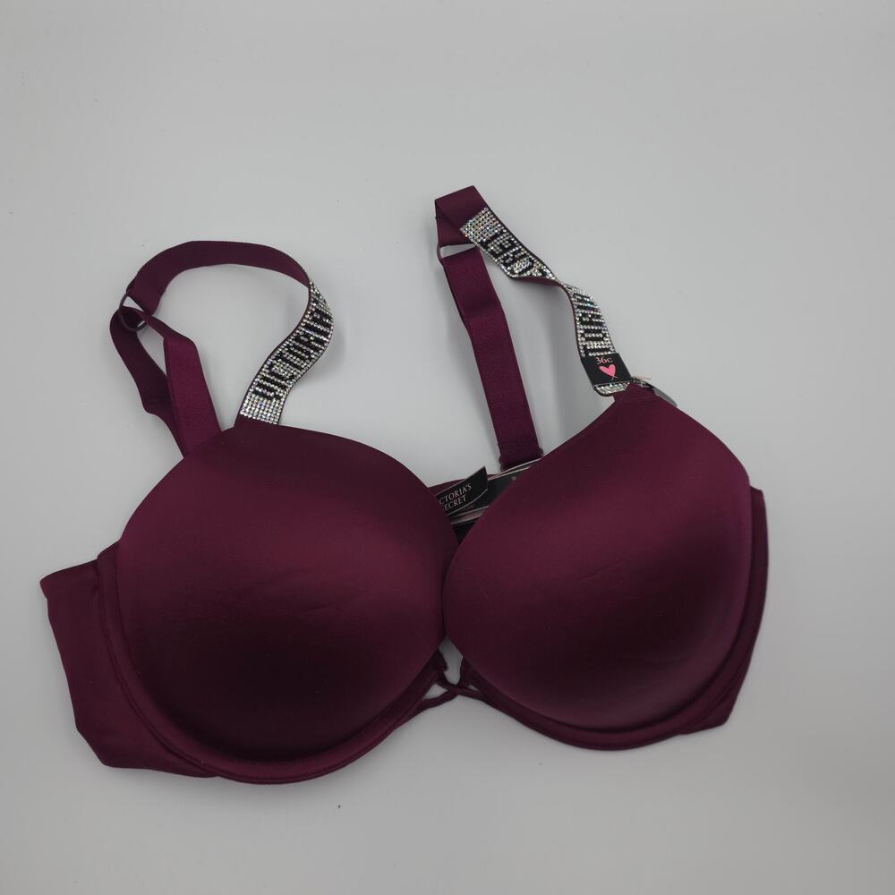 Victoria's Secret Bombshell Logo Shine Strap Add-2-Cups Push-Up Bra in Wine 36C - Picture 2 of 9